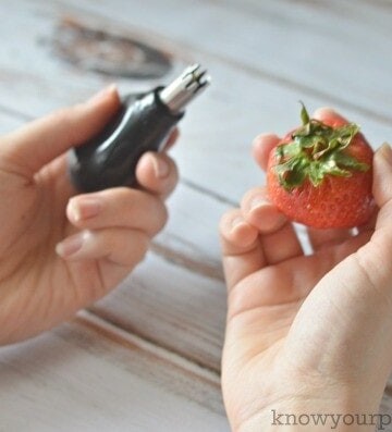 left hand holding strawberry huller right hand holding strawberry