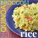 broccoli quinoa fried rice on a blue plate with spoon to the left