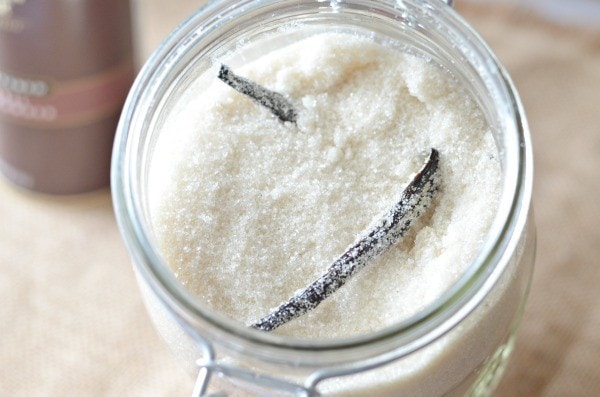 vanilla bean in sugar for vanilla sugar in a glass jar