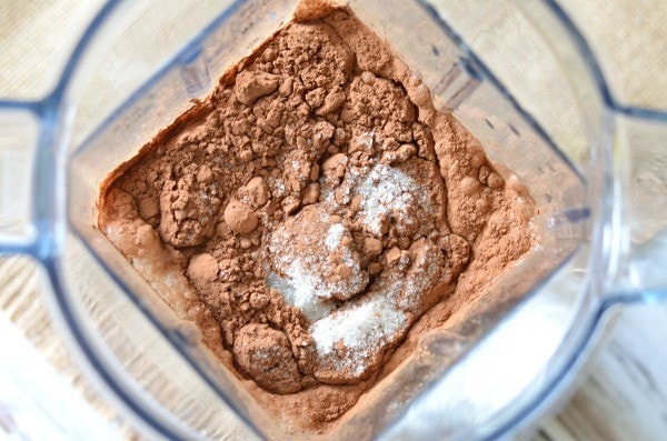 cocoa sugar and milk in a vitamix blender for homemade chocolate milk