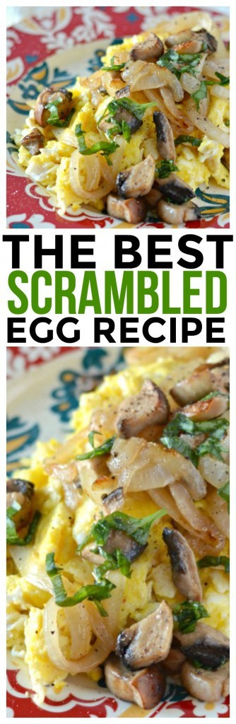 Fresh onions and mushrooms make this scrambled egg recipe shine! It's filled with healthy ingredients and tons of flavor. Quick and easy breakfast recipe.
