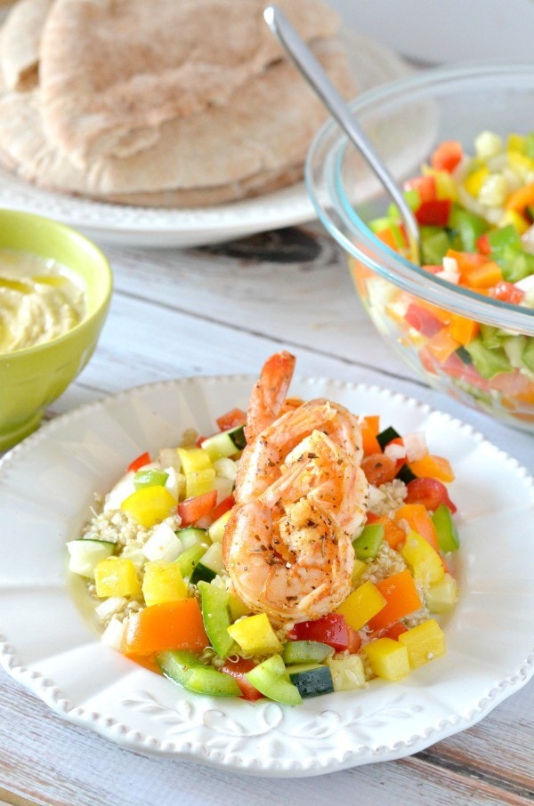 Shrimp and Israeli Pepper Salad with Pita Bread, a healthy mediterranean meal.