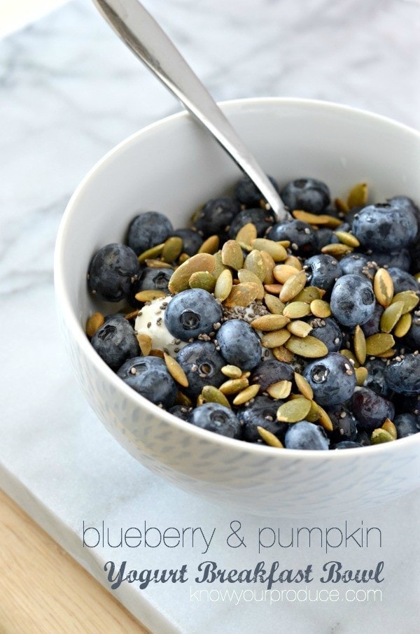 Greek Yogurt Breakfast Bowl with Blueberries and Pumpkin Seeds is I consider a healthy breakfast. The tangy greek yogurt, the sweet blueberries, nutty pumpkin seeds with a hint of salt equal the perfect combination for a breakfast bowl. Also has chia seeds and ground flaxseed for added omega 3s!