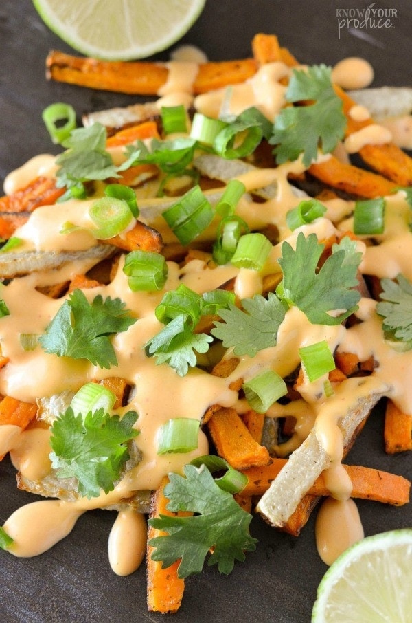 Sweet Potato and Kohlrabi Fries with Spicy Roasted Red Pepper Mayo