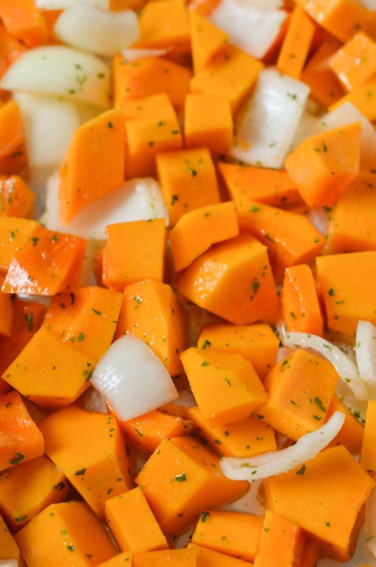 seasoned butternut squash on a sheet pan