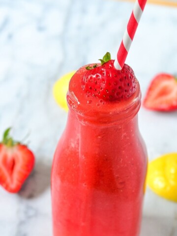 You're going to love our Slushy Strawberry Lemonade Recipe! This is a refreshing summer drink that you can make in just 3 minutes. Using real fruit and ingredients you know.