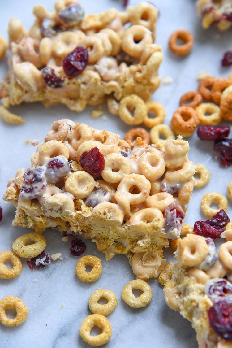 Creamy Peanut Butter flavored throughout these White Chocolate Cranberry Cereal Bars make them an irresistible snack! They're great for on the go and even good for gift giving. 