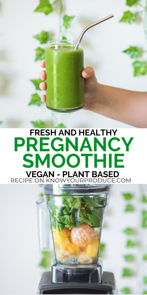 pregnancy smoothie in glass being held by hand and pinterest text in middle then ingredients in vitamix blender for smoothie