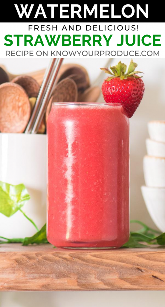 strawberry watermelon juice in a glass pinterest image with text