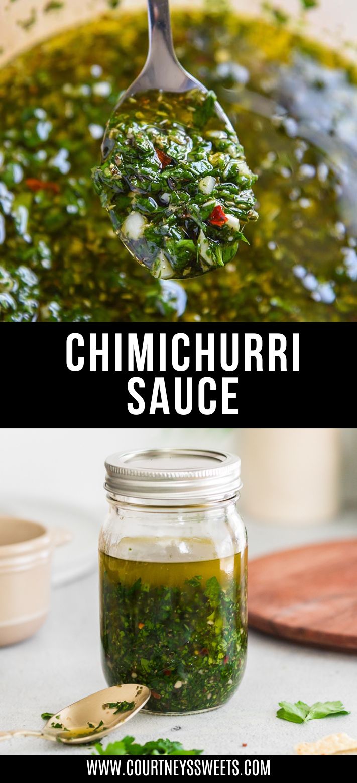 chimichurri sauce on a spoon and bottom photo chimichurri sauce in a glass jar.