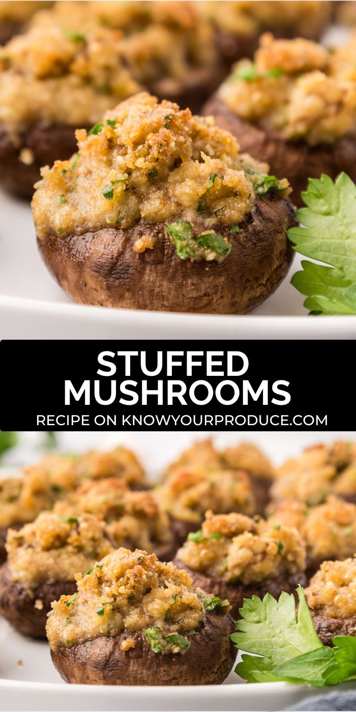 stuffed mushrooms on a white plate pinterest image with text saying stuffed mushrooms.