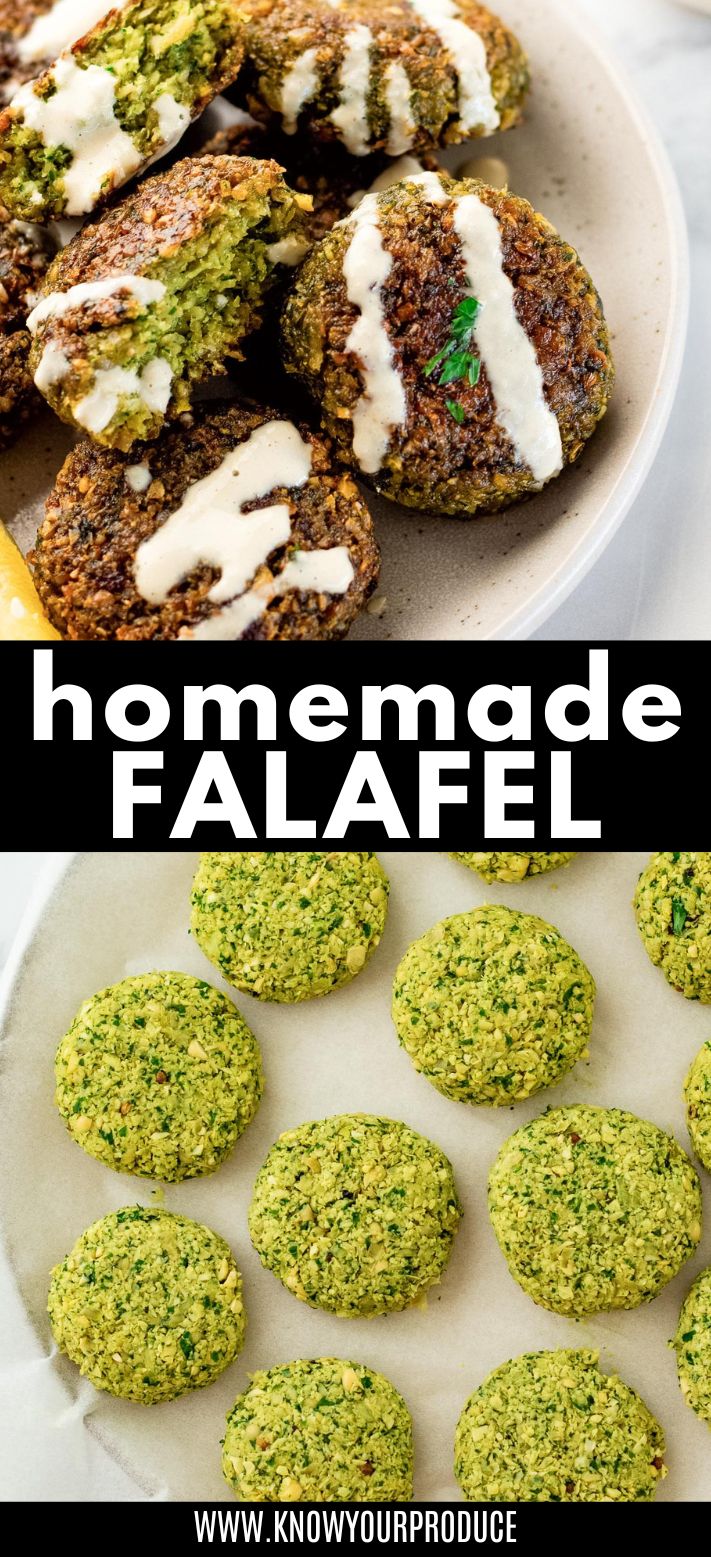falafel being drizzled with tahini sauce from a spoon with text between image saying falafel recipe and then an unbaked falafel below.