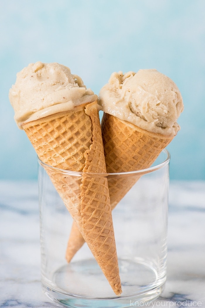 vegan banana ice cream recipe in ice cream cones in a cup