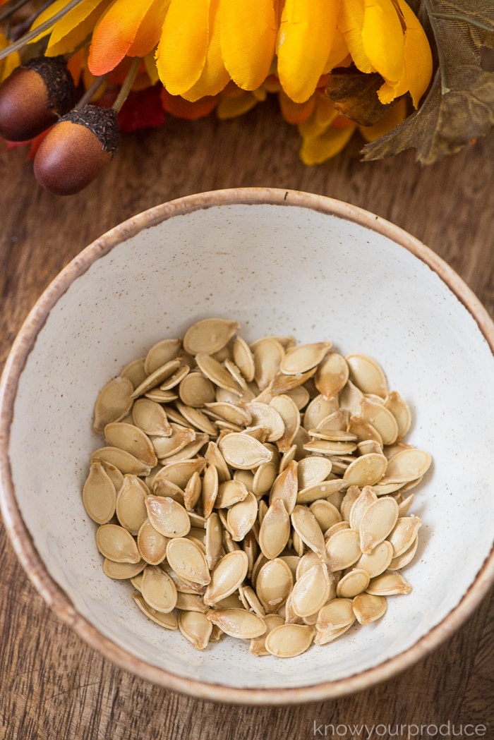 roasted spaghetti squash seeds in a bowl