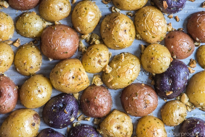 oven roasted baby potatoes on a sheet pan