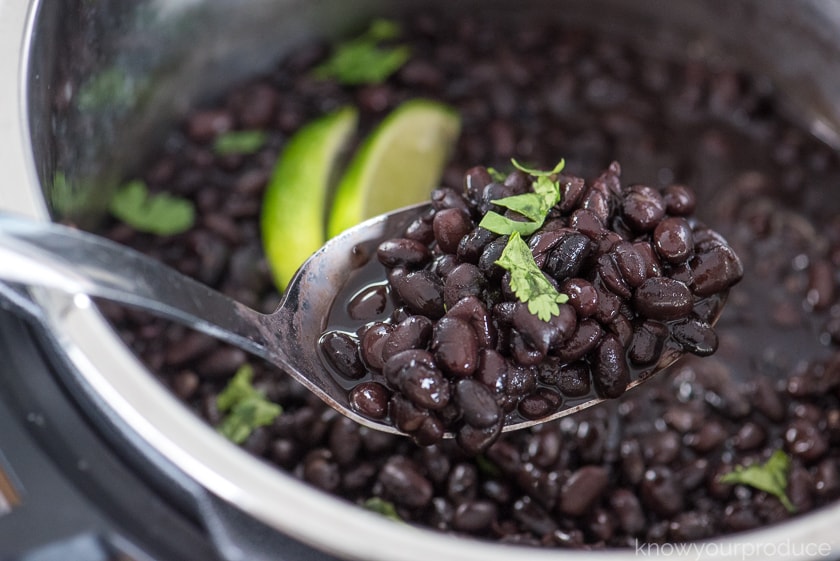  cooked black beans in instant pot on a spoon with cilantro garnish