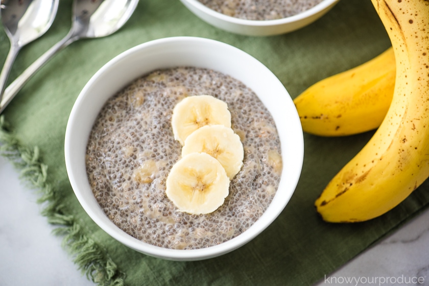 chia seed pudding in a bowl with a banana slices