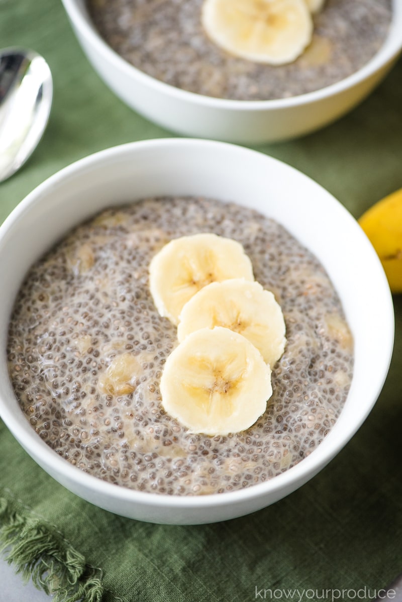 banana chia pudding in a bowl with a banana slices