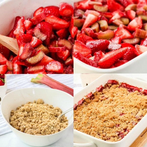 step by step photos making strawberry rhubarb crisp, cooking the strawberries and rhubarb, putting strawberries and rhubarb into a baking dish, bowl mixing topping, baked rhubarb in a baking dish