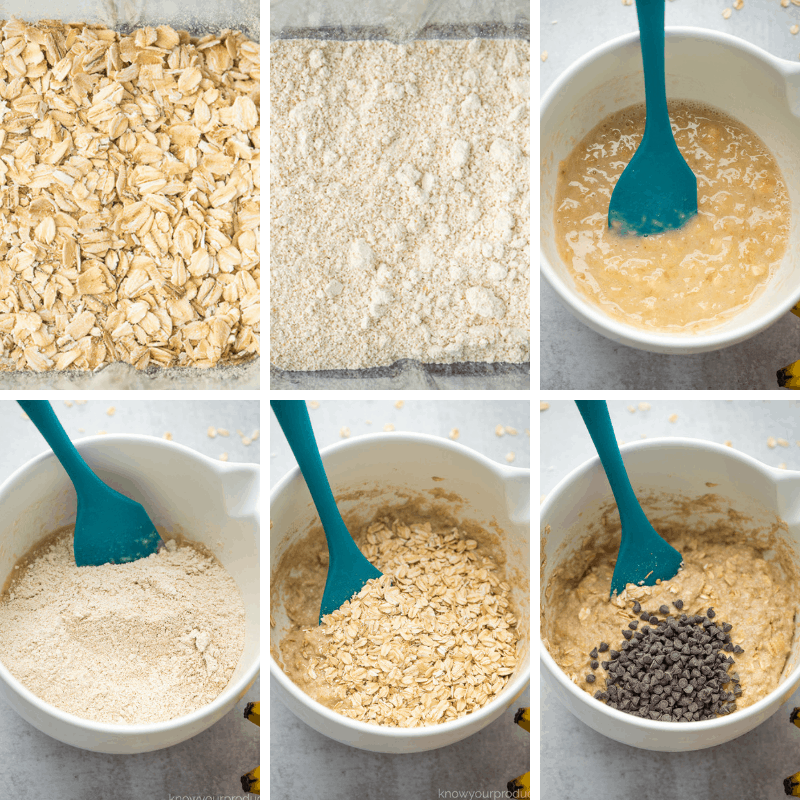 step by step photos on how healthy banana muffins - blending flour then mixing ingredients in a bowl with a teal spatula