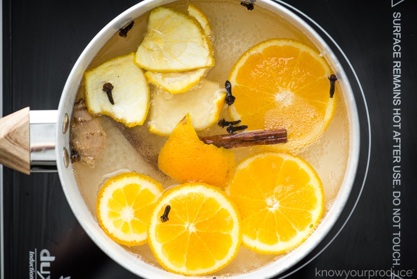 orange cinnamon simmer pot on hot plate simmering