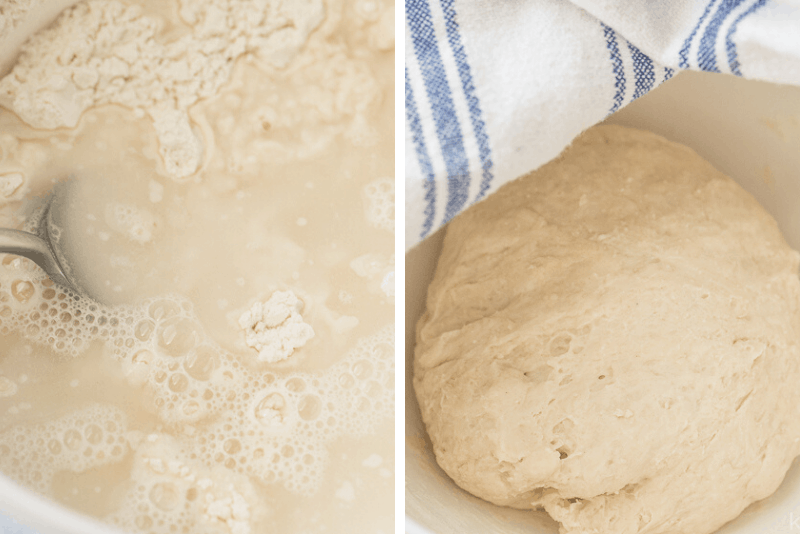 scallion pancake dough wet mix on left and finished on right
