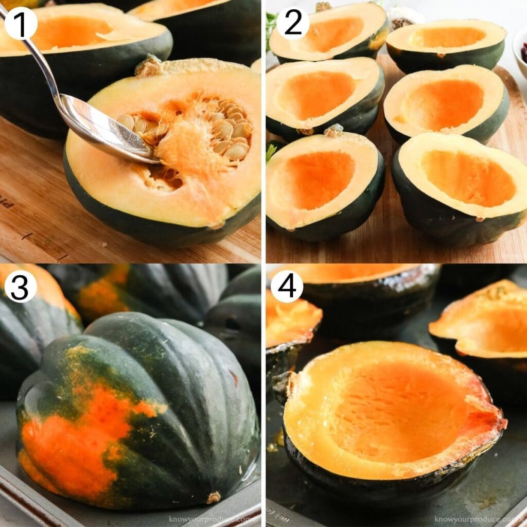 four images showing the process of how to roast acorn squash