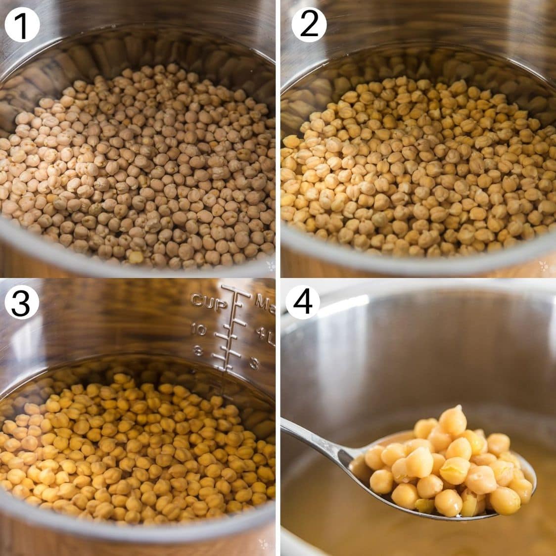 four images showing the process of cooking instant pot chickpeas