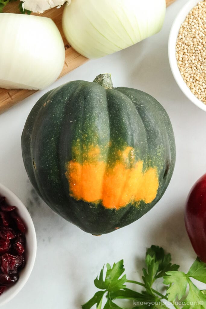 whole acorn squash with random ingredients for stuffing around it