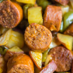 close up of Baked Sausage Peppers Onions and Potatoes