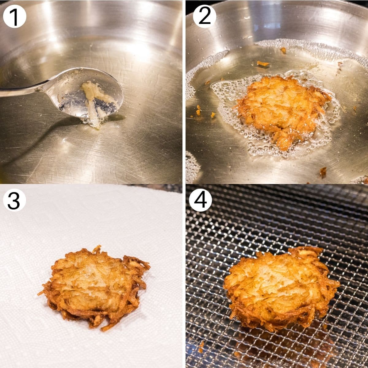 step by step photos frying potato latkes and keeping them warm