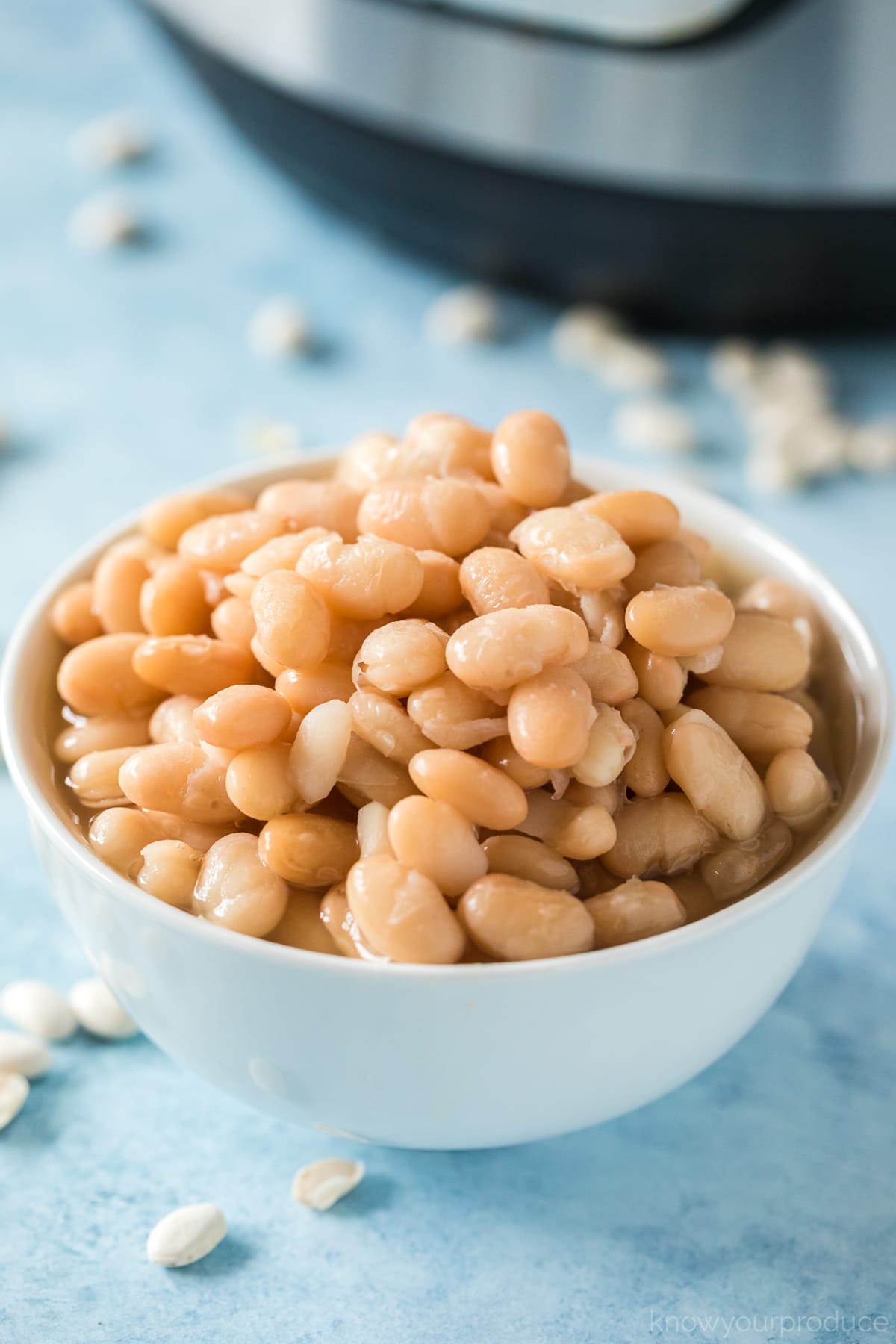 cooked instant pot white beans in a white bowl with instant pot in background