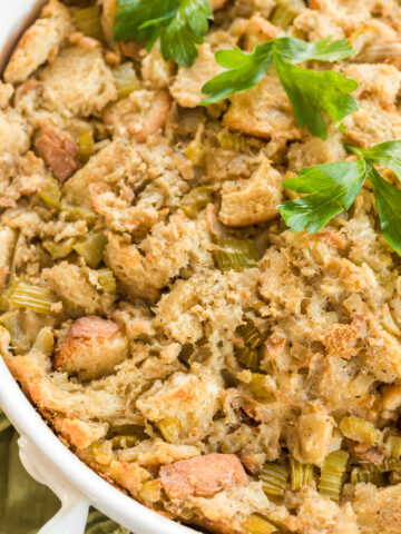 traditional stuffing recipe in a white casserole dish