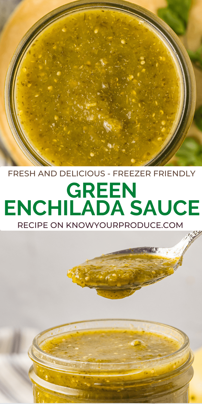 green enchilada sauce in a glass mason jar overhead photo with text on it for pinterest.