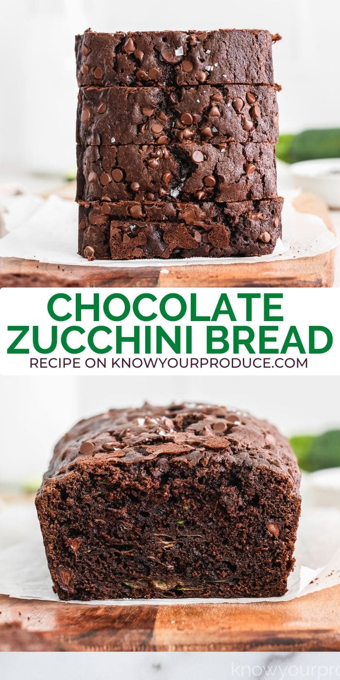 close up of sliced and stacked chocolate zucchini bread on a wooden cutting board with parchment paper on it and a photo below split by chocolate zucchini bread in text photo below shows inside of zucchini bread.