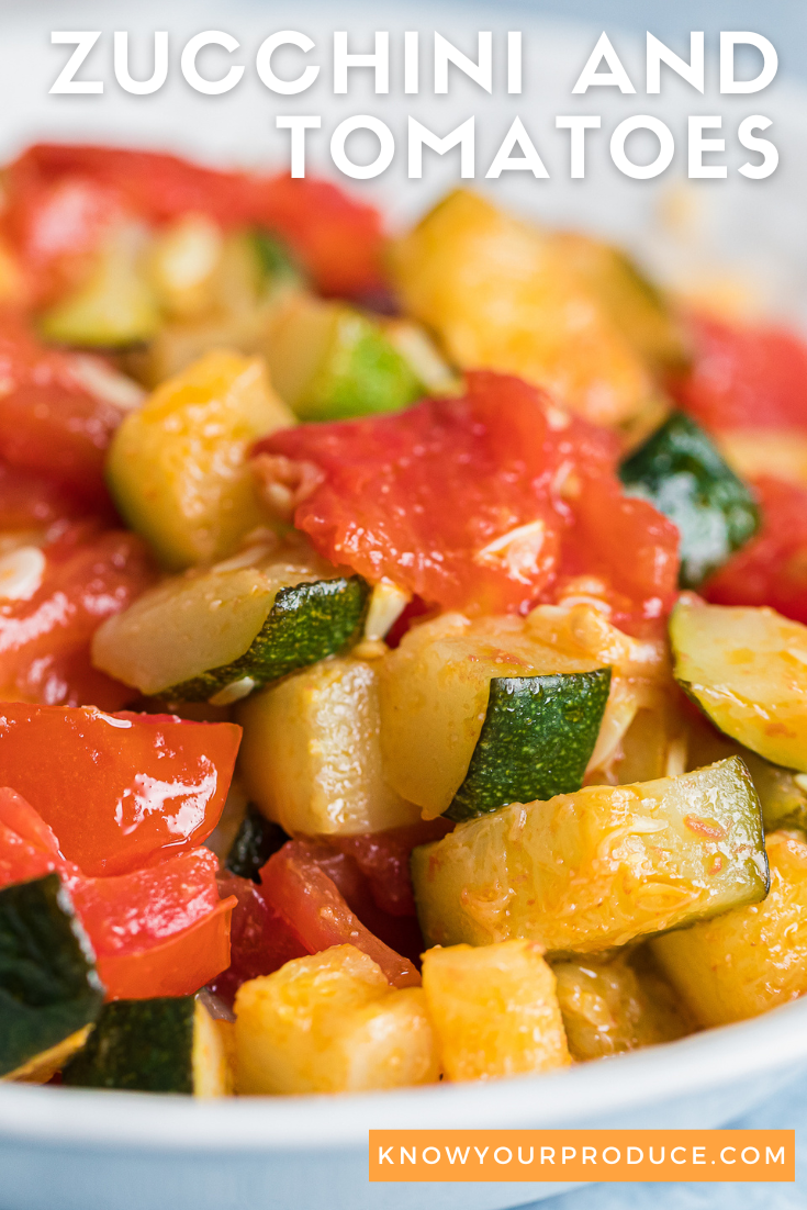 cooked chopped zucchini and tomatoes in a white dish with text on image for pinterest.