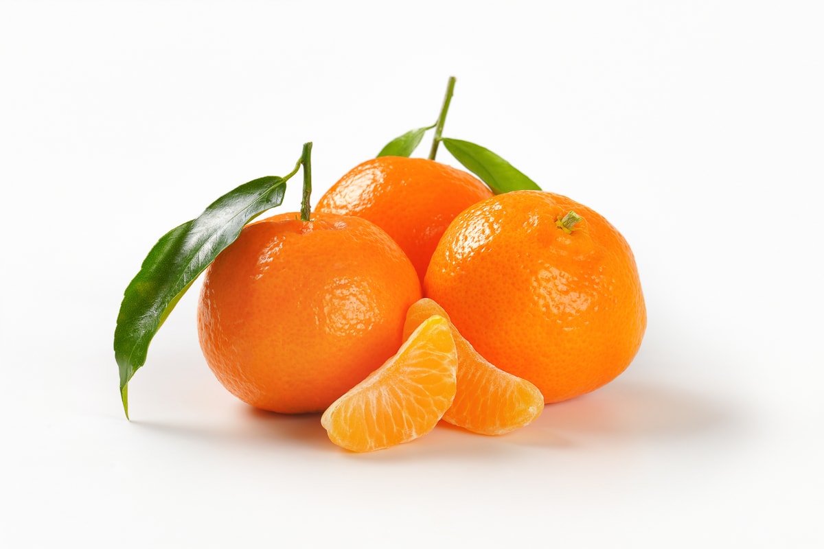 three whole tangerines with stems and leaves on a white background with 2 orange segments in front of them.