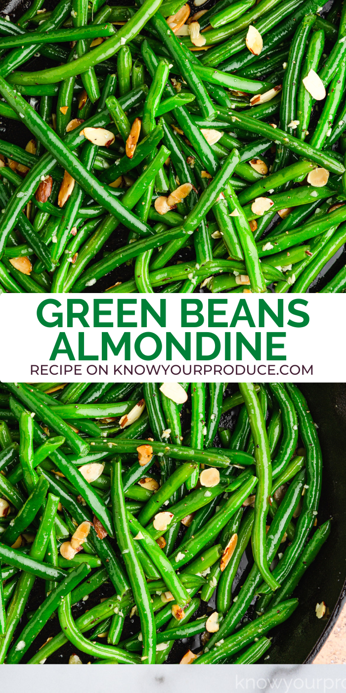 split photo of green beans almondine in a cast iron pan with banner in between and text says green beans almondine.