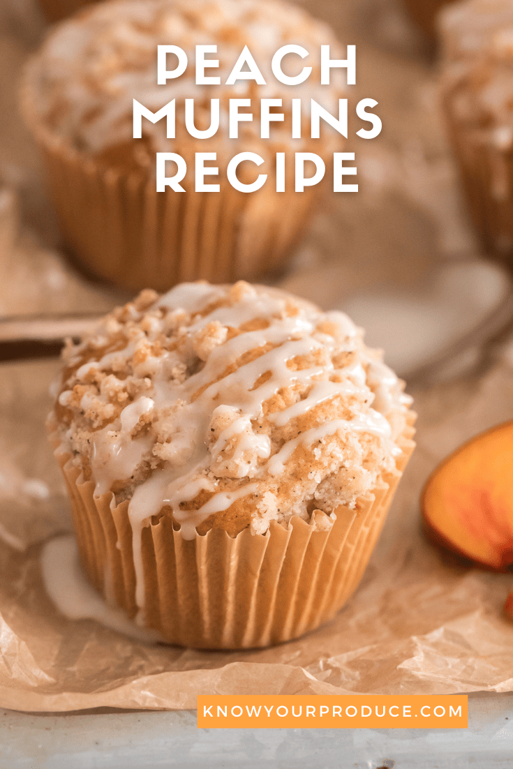 peach muffin recipe in text on a picture of a peach muffin.