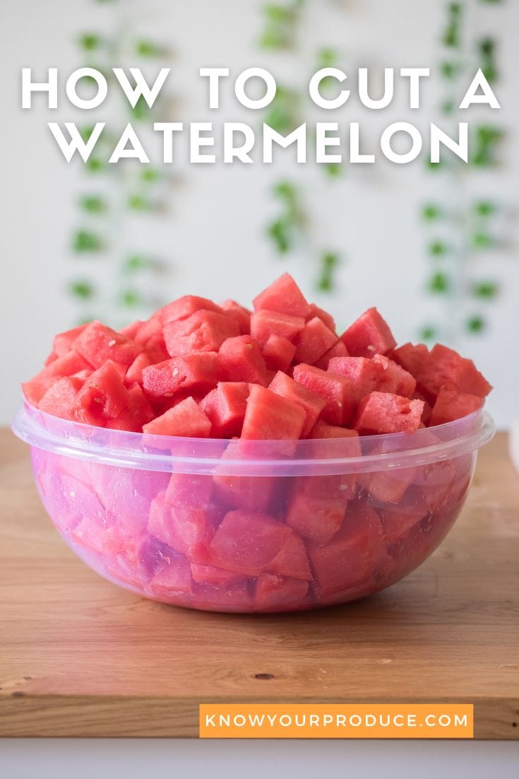 chunks of watermelon in a bowl with text on image saying how to cut a watermelon.