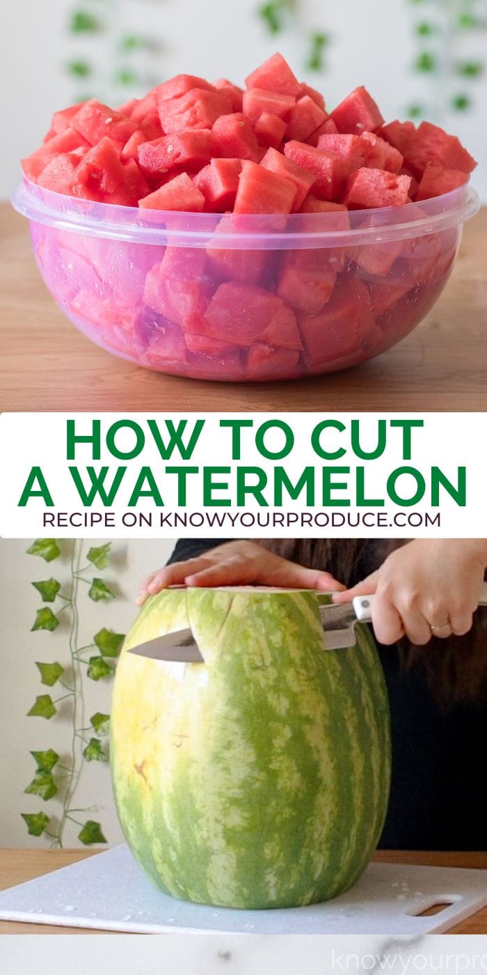 showing how to cut a watermelon and chunks of watermelon in a bowl with text on image saying how to cut a watermelon.
