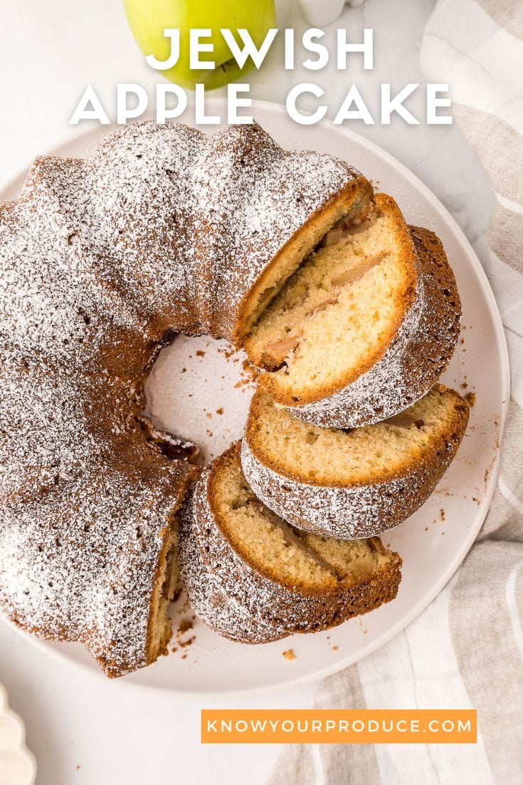Overhead photo of Jewish apple cake sliced with text on image saying Jewish apple cake.