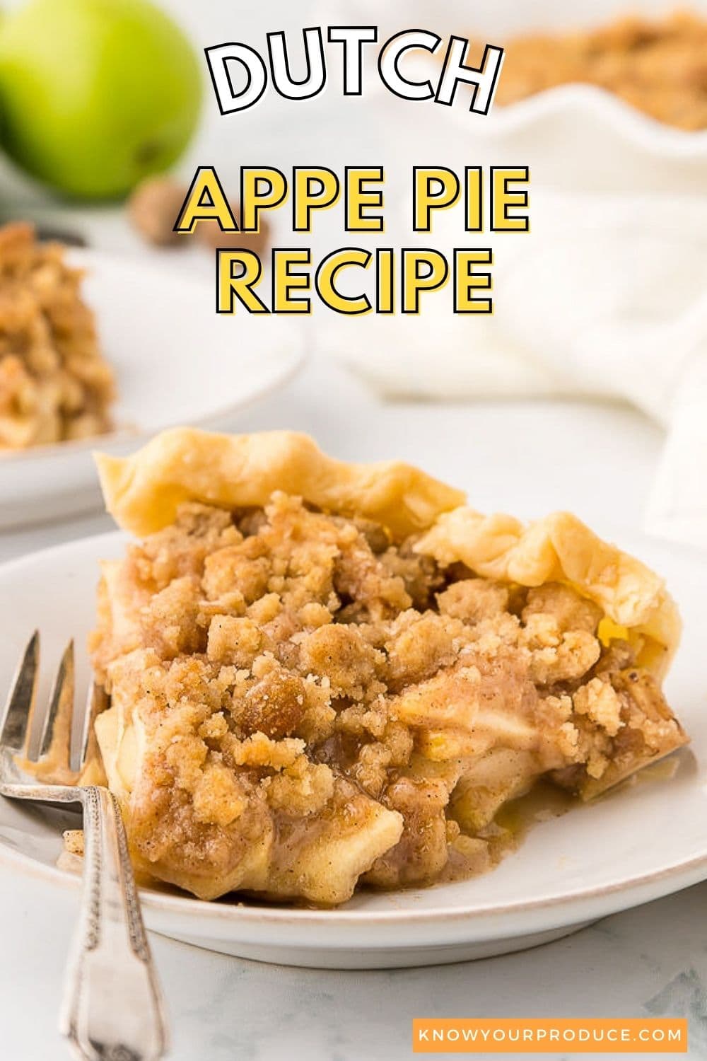 dutch apple pie on a white plate with a fork and text on image saying dutch apple pie.