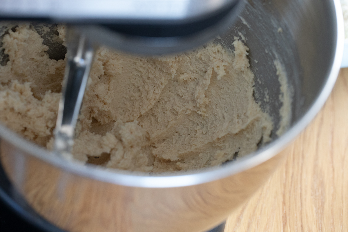 creaming butter and sugar in a stand mixer, overhead photo.