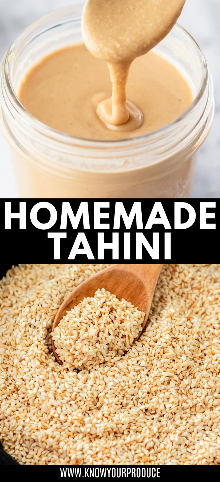 homemade tahini in a mason jar with a spoon drizzling it back in with homemade tahini in text for pinterest on it and then a picture below of browned sesame seeds in a pan with spoon.