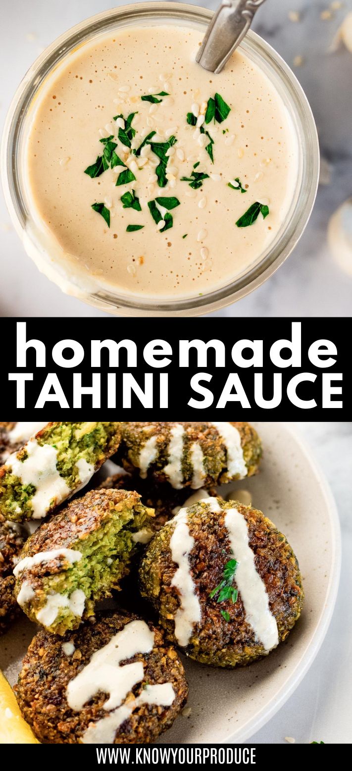 tahini sauce in a mason jar garnished with parsley and sesame seeds in it with a spoon inside it too and a phot of falafel with drizzled tahini sauce on it below.