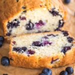 fresh blueberry bread slice with blueberry loaf behind it.