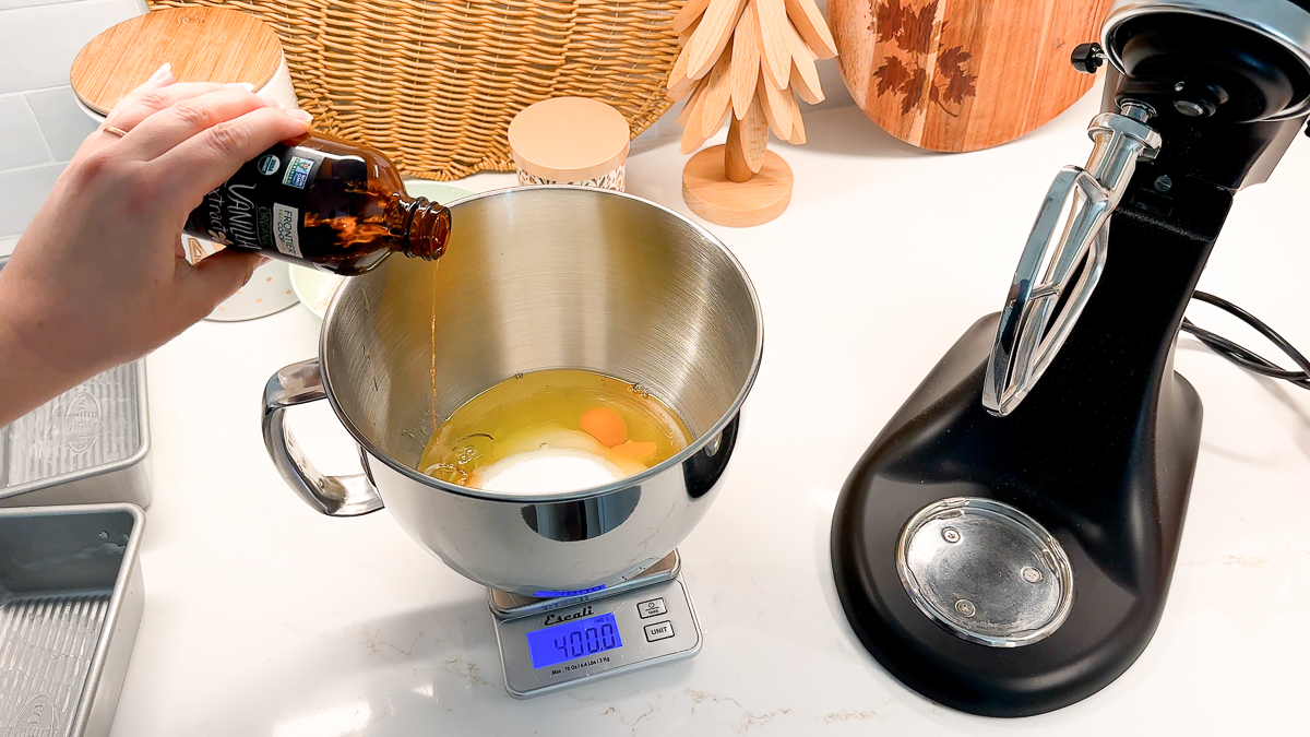measuring wet ingredients in kitchenaid mixer bowl.