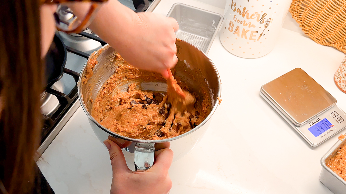 mixed batter, mixing in chocolate chips