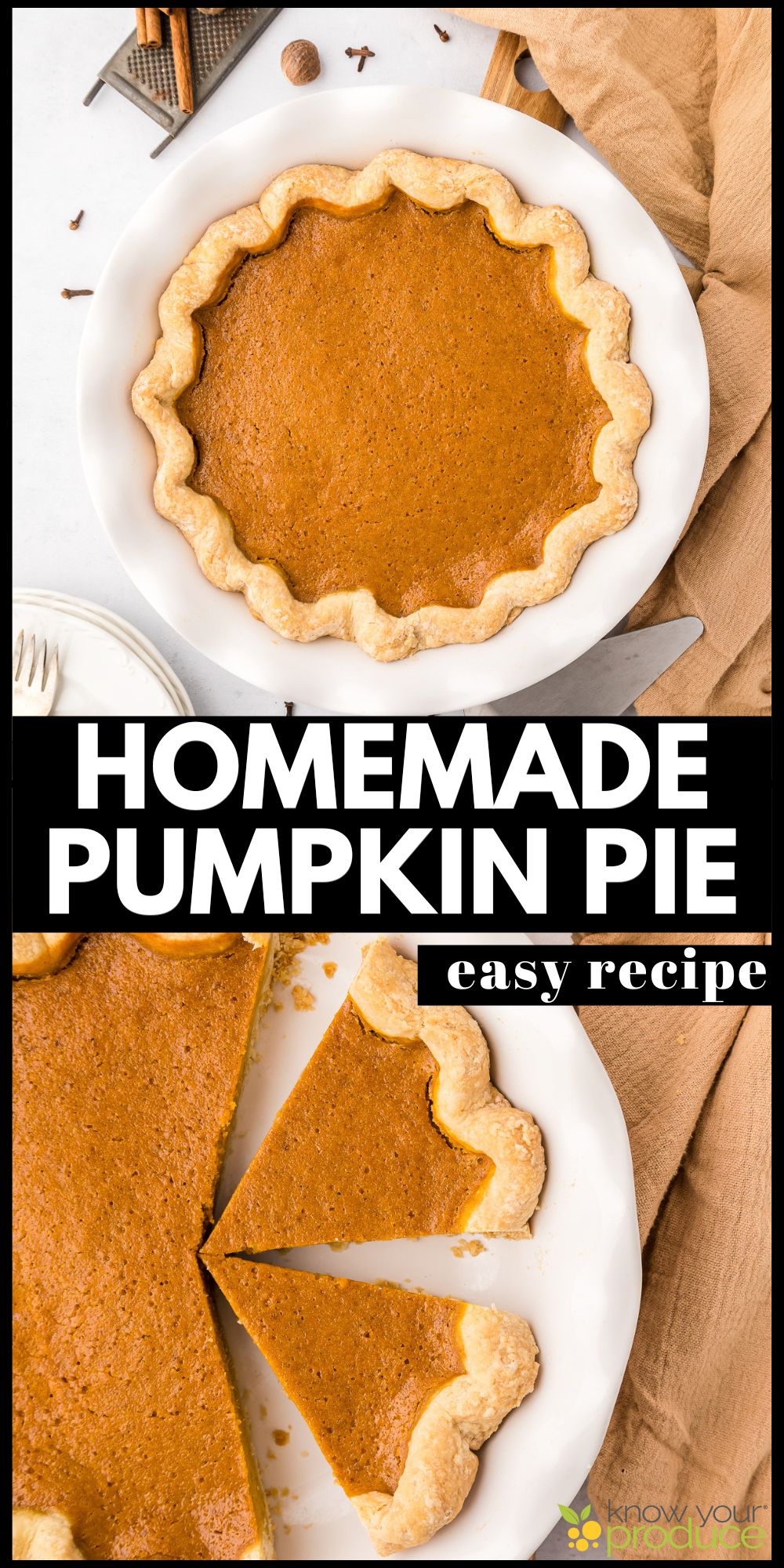 Two part image of homemade pumpkin pie, featuring a whole baked pie in a white dish and a close up of a cut slice.